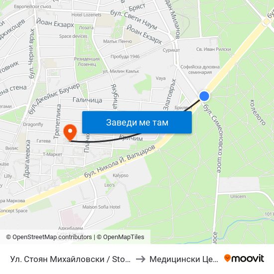 Ул. Стоян Михайловски / Stoyan Mihaylovski St. (2692) to Медицински Центер Иновамед map