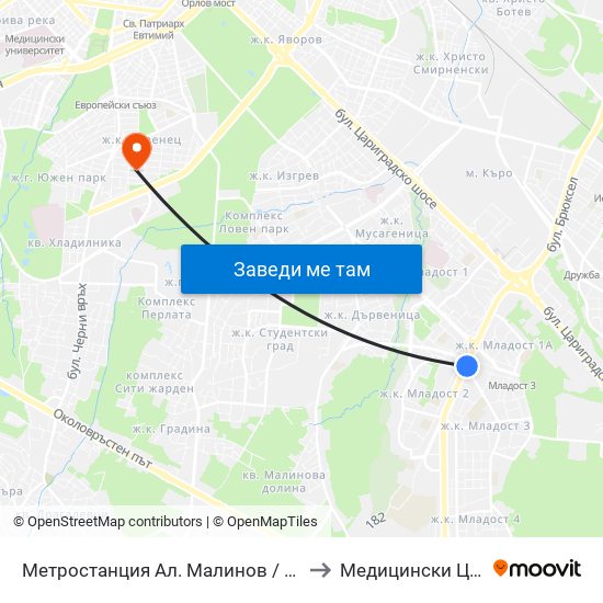 Метростанция Ал. Малинов / Al. Malinov Metro Station (0170) to Медицински Центер Иновамед map
