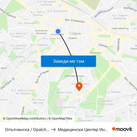 Опълченска / Opalchenska to Медицински Центер Иновамед map