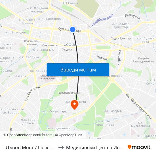 Лъвов Мост / Lions' Bridge to Медицински Центер Иновамед map