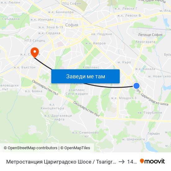 Метростанция Цариградско Шосе / Tsarigradsko Shosse Metro Station (1016) to 142 ОУ map