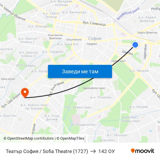 Театър София / Sofia Theatre (1727) to 142 ОУ map