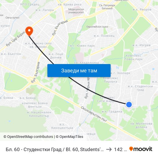 Бл. 60 - Студенстки Град / Bl. 60, Students' Town (2507) to 142 ОУ map