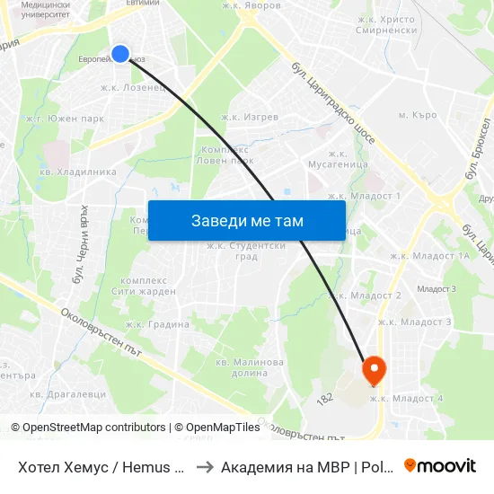 Ⓜ️ Хотел Хемус / Hemus Hotel (2329) to Академия на МВР | Police Academy map