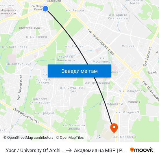 Уасг / University Of Architecture (0387) to Академия на МВР | Police Academy map