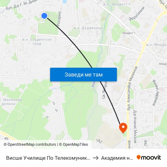 Висше Училище По Телекомуникации / University Of Telecommunications And Post (1396) to Академия на МВР | Police Academy map