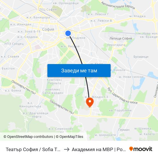 Театър София / Sofia Theatre (1727) to Академия на МВР | Police Academy map