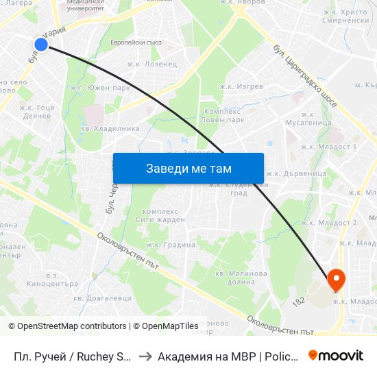Пл. Ручей / Ruchey Sq. (1301) to Академия на МВР | Police Academy map