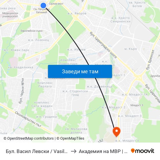 Бул. Васил Левски / Vasil Levski Blvd. (0299) to Академия на МВР | Police Academy map