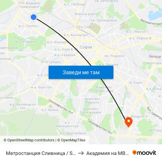 Метростанция Сливница / Slivnitsa Metro Station (1063) to Академия на МВР | Police Academy map