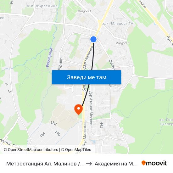 Метростанция Ал. Малинов / Al. Malinov Metro Station (0169) to Академия на МВР | Police Academy map