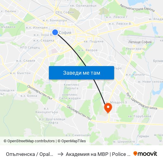 Опълченска / Opalchenska to Академия на МВР | Police Academy map