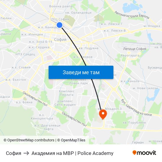 София to Академия на МВР | Police Academy map