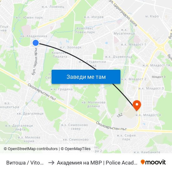 Витоша / Vitosha to Академия на МВР | Police Academy map