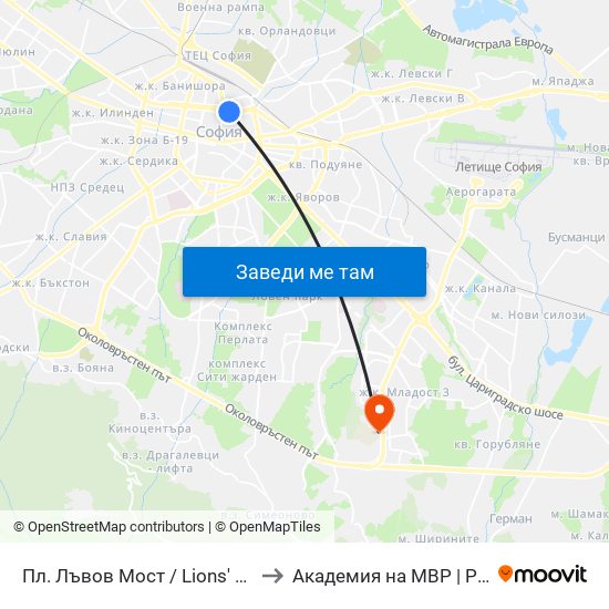 Пл. Лъвов Мост / Lions' Bridge Sq. (1278) to Академия на МВР | Police Academy map