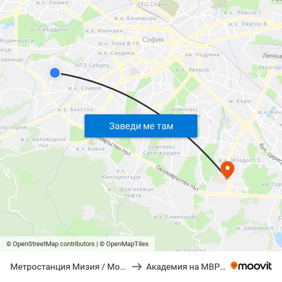 Метростанция Мизия / Moesia Metro Station (6089) to Академия на МВР | Police Academy map