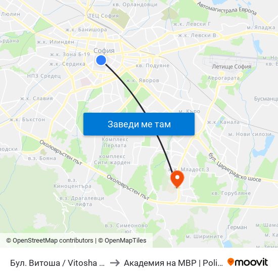 Бул. Витоша / Vitosha Blvd. (2825) to Академия на МВР | Police Academy map