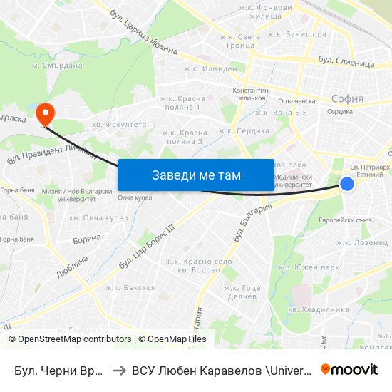 Бул. Черни Връх / Cherni Vrah Blvd. (0401) to ВСУ  Любен Каравелов \University Of Structure and Architecture - VSU Lyuben Karavel map