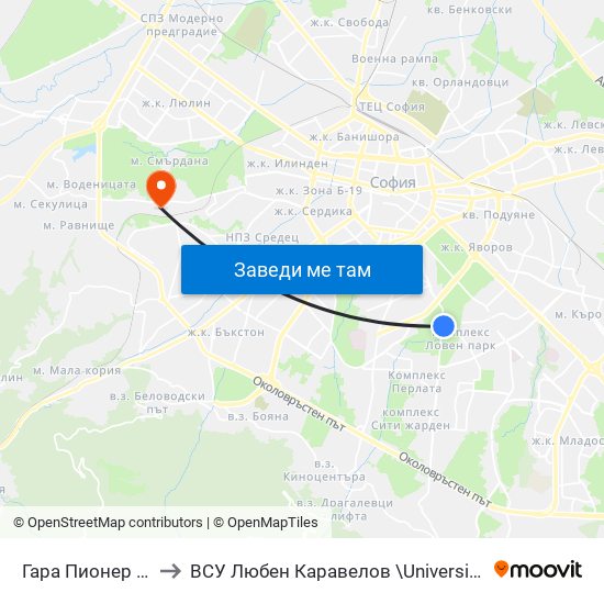 Гара Пионер / Pioneer Station (0465) to ВСУ  Любен Каравелов \University Of Structure and Architecture - VSU Lyuben Karavel map