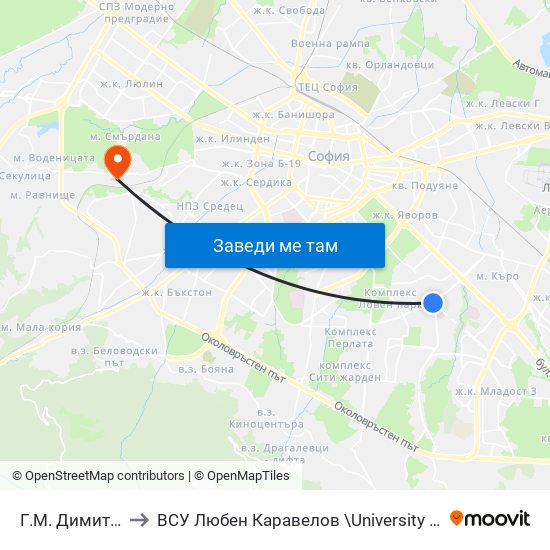 Г.М. Димитров / G.M.Dimitrov to ВСУ  Любен Каравелов \University Of Structure and Architecture - VSU Lyuben Karavel map