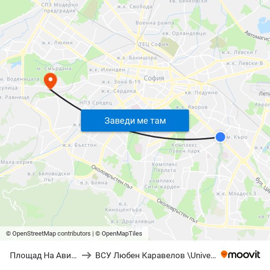 Площад На Авиацията / Aviation Square (1258) to ВСУ  Любен Каравелов \University Of Structure and Architecture - VSU Lyuben Karavel map