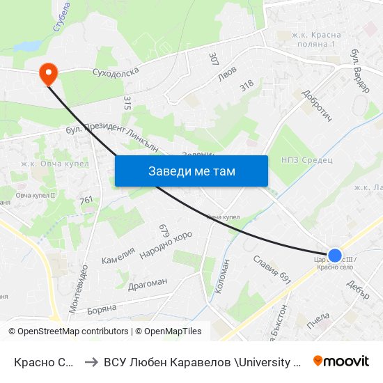 Красно Село / Krasno Selo to ВСУ  Любен Каравелов \University Of Structure and Architecture - VSU Lyuben Karavel map