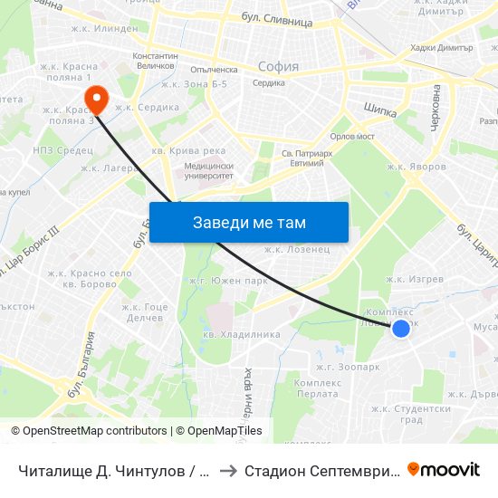 Читалище Д. Чинтулов / D. Chintulov Library (2365) to Стадион  Септември  (Septemvri Stadium) map