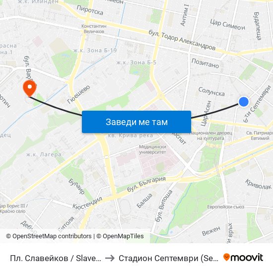 Пл. Славейков / Slaveykov Sq. (1908) to Стадион  Септември  (Septemvri Stadium) map