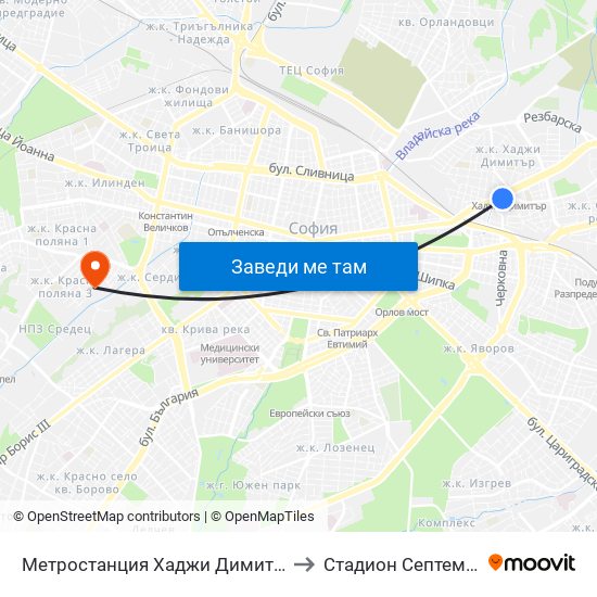Метростанция Хаджи Димитър / Hadzhi Dimitar Metro Station (0303) to Стадион  Септември  (Septemvri Stadium) map