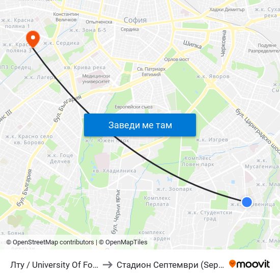 Лту / University Of Forestry (0614) to Стадион  Септември  (Septemvri Stadium) map