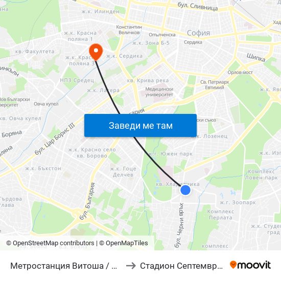 Метростанция Витоша / Vitosha Metro Station (0909) to Стадион  Септември  (Septemvri Stadium) map