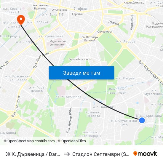 Ж.К. Дървеница / Darvenitsa Qr. (0800) to Стадион  Септември  (Septemvri Stadium) map