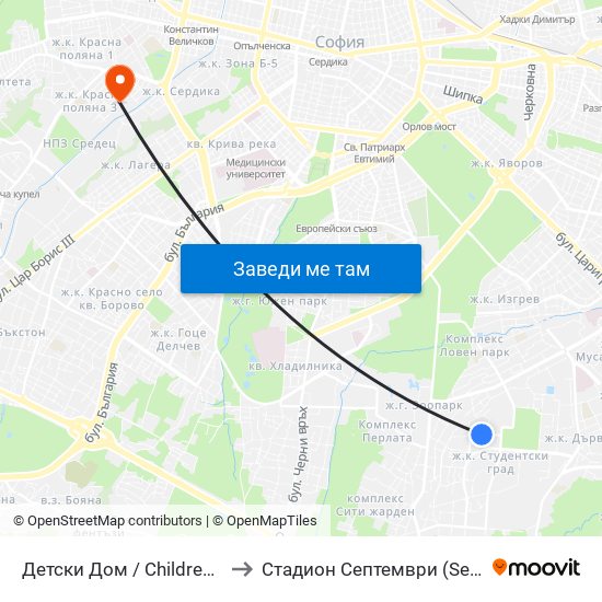 Детски Дом / Children's Home (0530) to Стадион  Септември  (Septemvri Stadium) map