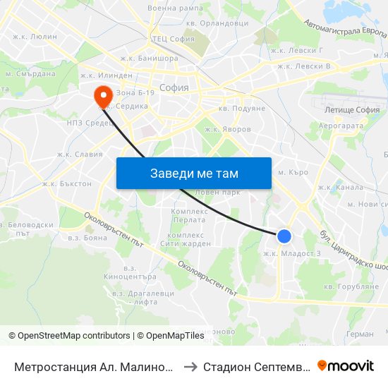 Метростанция Ал. Малинов / Al. Malinov Metro Station (0169) to Стадион  Септември  (Septemvri Stadium) map