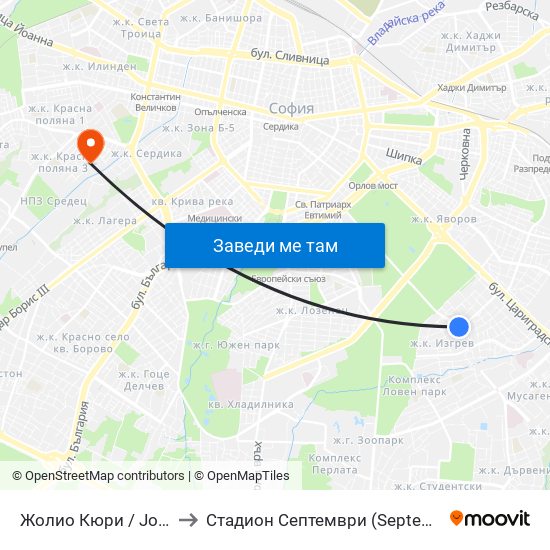 Жолио Кюри / Joliot-Curie to Стадион  Септември  (Septemvri Stadium) map