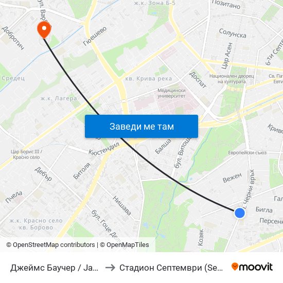 Джеймс Баучер / James Bourchier to Стадион  Септември  (Septemvri Stadium) map