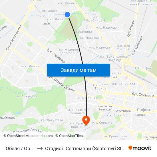 Обеля / Obelya to Стадион  Септември  (Septemvri Stadium) map