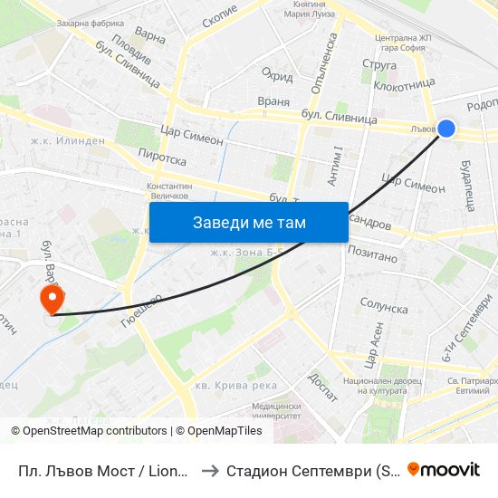 Пл. Лъвов Мост / Lions' Bridge Sq. (1275) to Стадион  Септември  (Septemvri Stadium) map