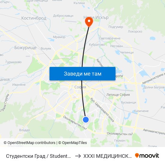 Студентски Град / Students' Town (2382) to XXXI МЕДИЦИНСКИ ЦЕНТЪР map