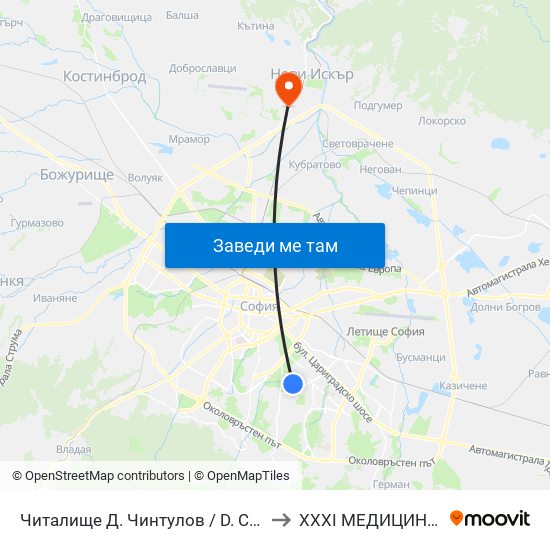 Читалище Д. Чинтулов / D. Chintulov Library (2365) to XXXI МЕДИЦИНСКИ ЦЕНТЪР map