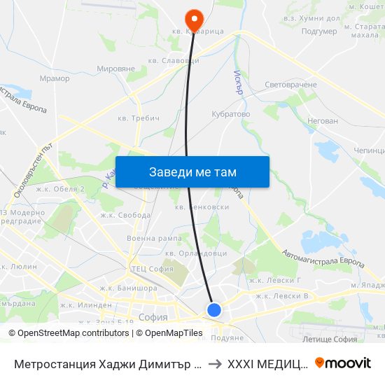 Метростанция Хаджи Димитър / Hadzhi Dimitar Metro Station (0303) to XXXI МЕДИЦИНСКИ ЦЕНТЪР map