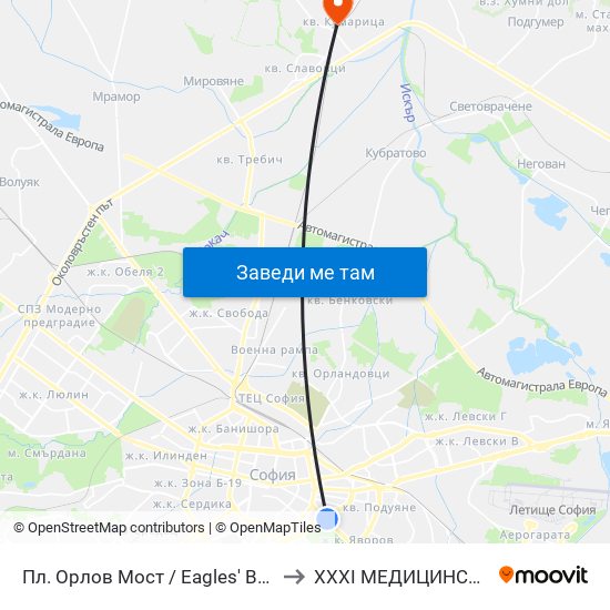 Пл. Орлов Мост / Eagles' Bridge Sq. (1288) to XXXI МЕДИЦИНСКИ ЦЕНТЪР map