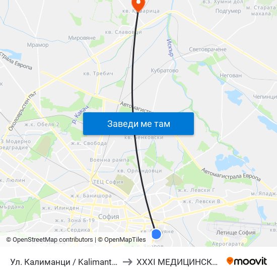 Ул. Калиманци / Kalimantsi St. (1972) to XXXI МЕДИЦИНСКИ ЦЕНТЪР map