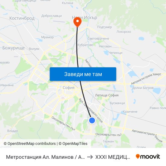 Метростанция Ал. Малинов / Al. Malinov Metro Station (0169) to XXXI МЕДИЦИНСКИ ЦЕНТЪР map