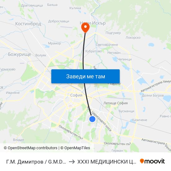 Г.М. Димитров / G.M.Dimitrov to XXXI МЕДИЦИНСКИ ЦЕНТЪР map
