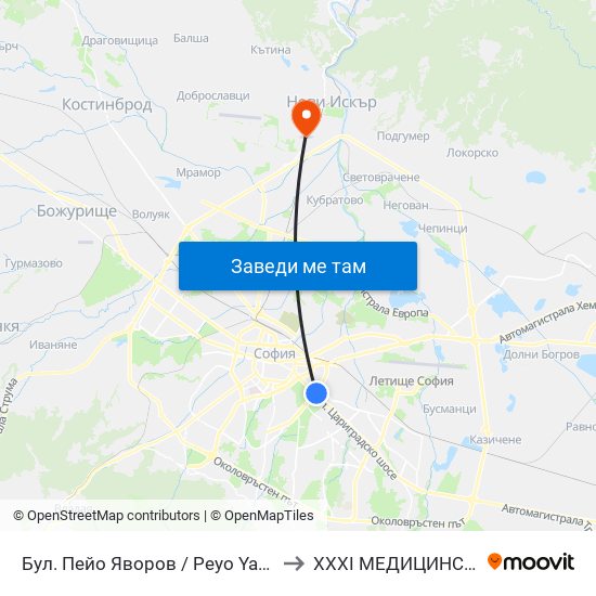 Бул. Пейо Яворов / Peyo Yavorov Blvd. (0073) to XXXI МЕДИЦИНСКИ ЦЕНТЪР map