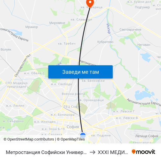 Метростанция Софийски Университет / Sofia University Metro Station (2827) to XXXI МЕДИЦИНСКИ ЦЕНТЪР map