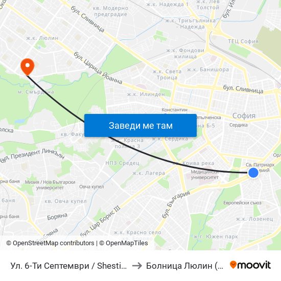 Ул. 6-Ти Септември / Shesti Septemvri St. (1808) to Болница  Люлин  (Lyulin Hospital) map