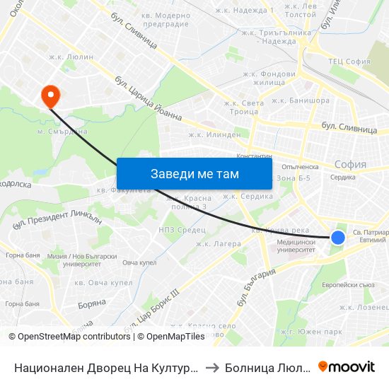 Национален Дворец На Културата / National Palace Of Culture (1139) to Болница  Люлин  (Lyulin Hospital) map