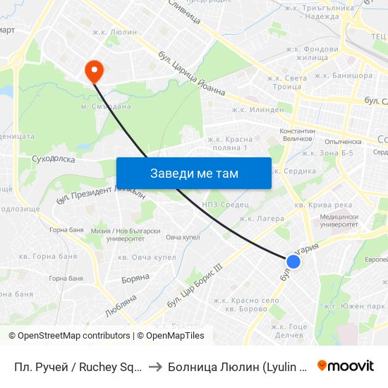 Пл. Ручей / Ruchey Sq. (1301) to Болница  Люлин  (Lyulin Hospital) map